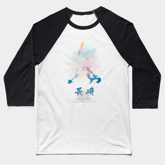 Nagasaki Watercolor Map Baseball T-Shirt by Takeda_Art